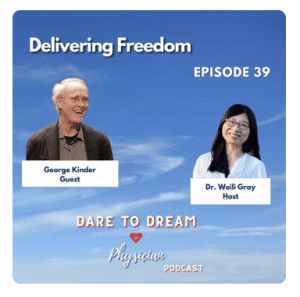 Blue background with white text "Delivering Freedom, Episode 39. Dare to Dream" with photos of two adults, smiling.