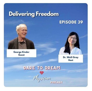 Blue background with white text "Delivering Freedom, Episode 39. Dare to Dream" with photos of two adults, smiling.