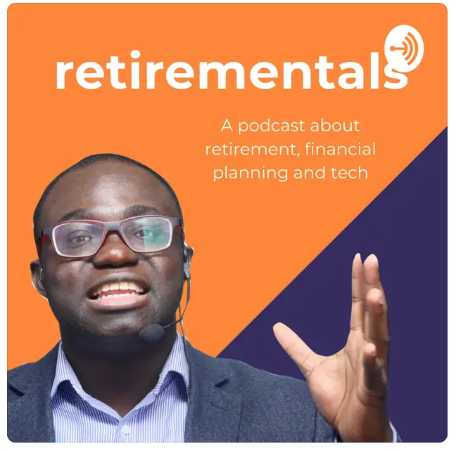 Adult talking and gesturing with his hand, looking directly forward. Orange and Blue background with white text "retirementals"