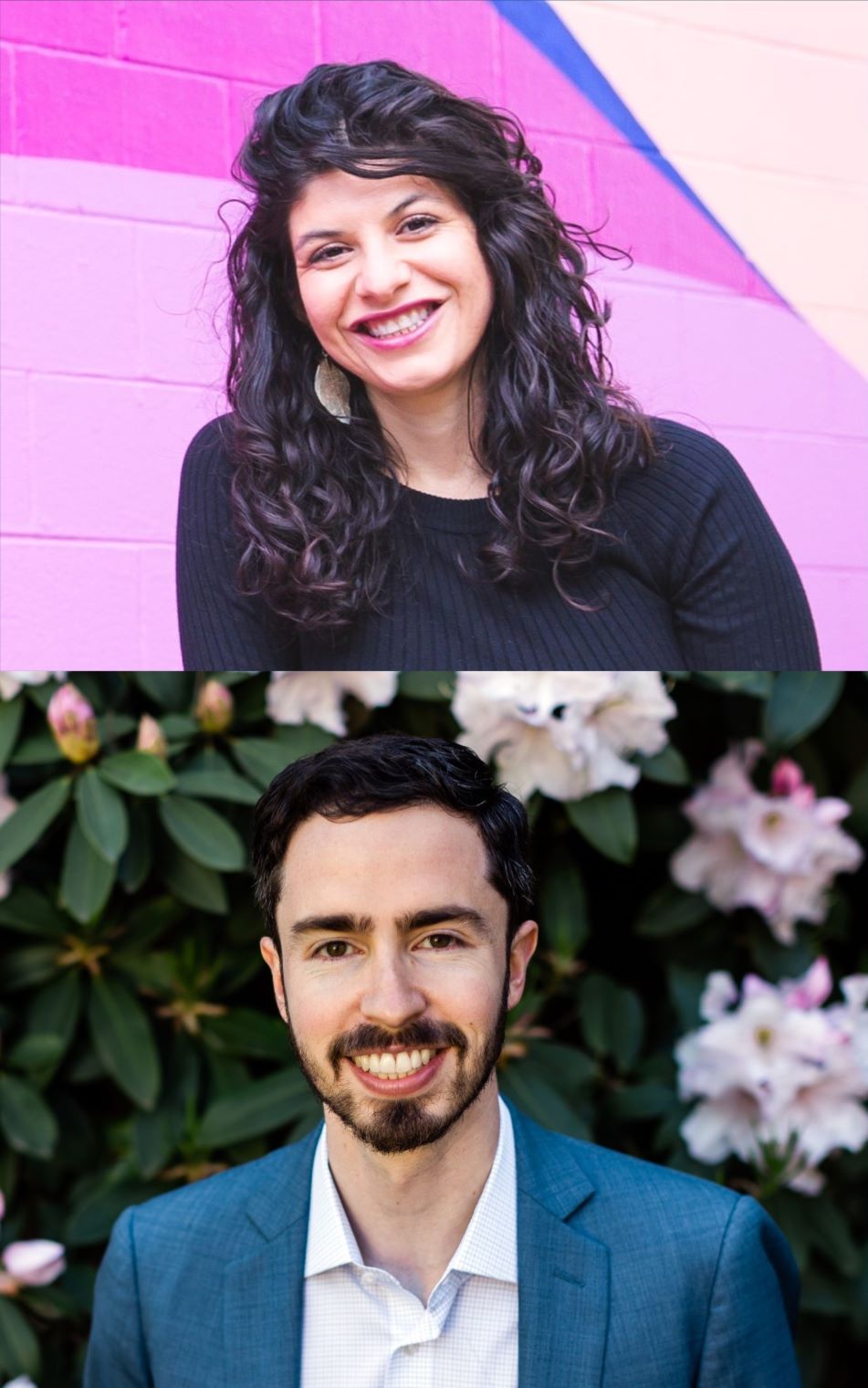 Two images stacked showing professionals smiling. Top image of a woman with a vibrant purple background. Bottom image of a man in front of a green flowering hedge.