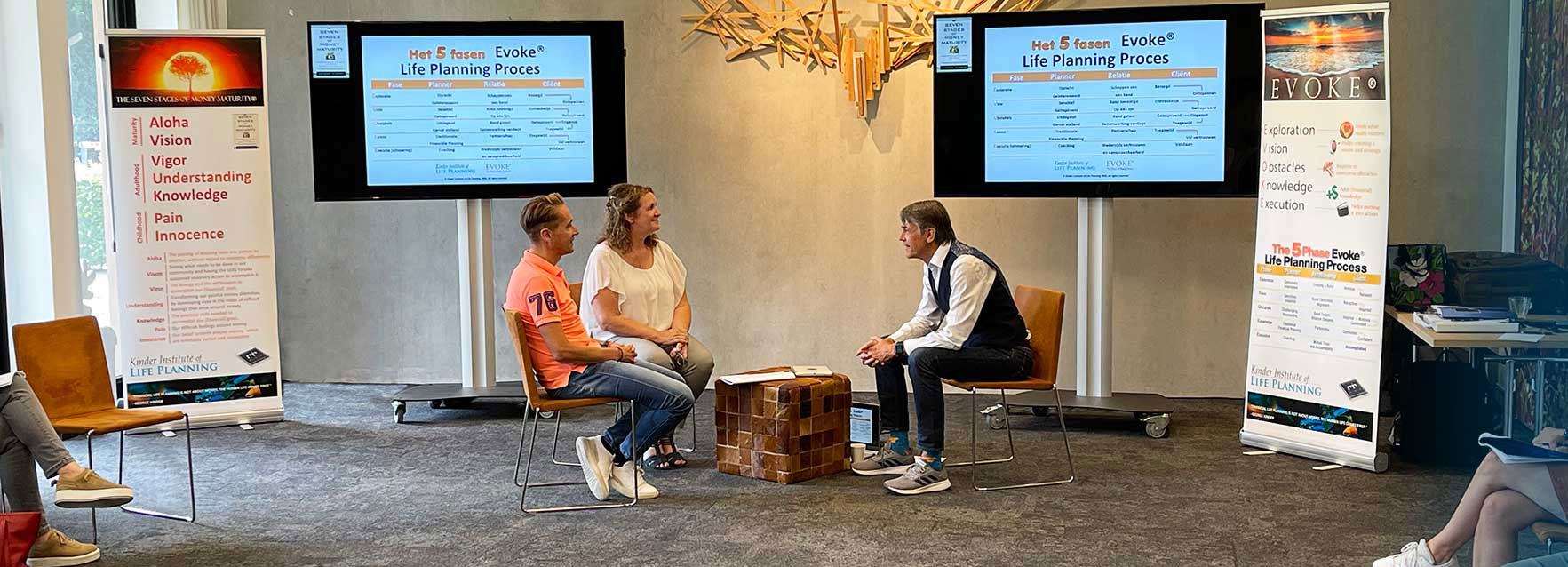 Life Planning instructor sitting and facing two students, leading them through a mock client session.