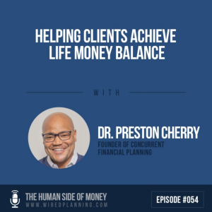 Man with glasses, in circle next to his name, under the title "Helping clients achieve life money balance" on a dark blue background.