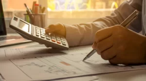 A close up stock image of someone writing financial reports on paper.
