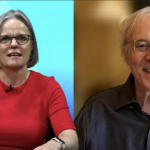 A side by side photo of George Kinder and host Bridget Sullivan Mermel on a blue background next to the 'Chicago Money' logo.