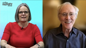 A side by side photo of George Kinder and host Bridget Sullivan Mermel on a blue background next to the 'Chicago Money' logo.